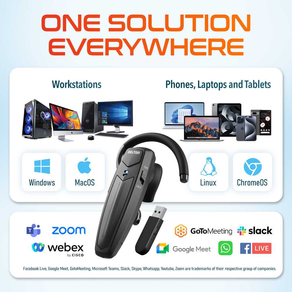Delton 87X Wireless Single Ear Bluetooth Computer Headset with Microphone & USB Dongle