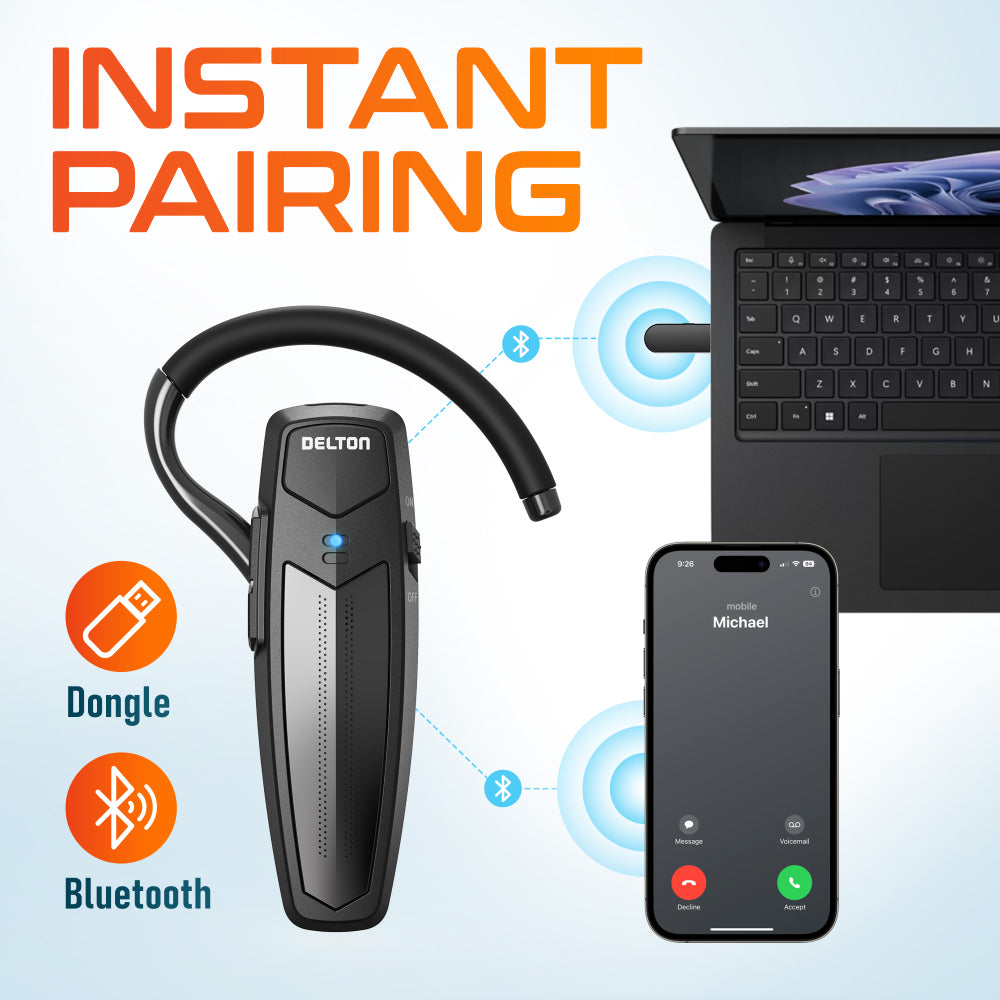 Delton 87X Wireless Single Ear Bluetooth Computer Headset with Microphone & USB Dongle