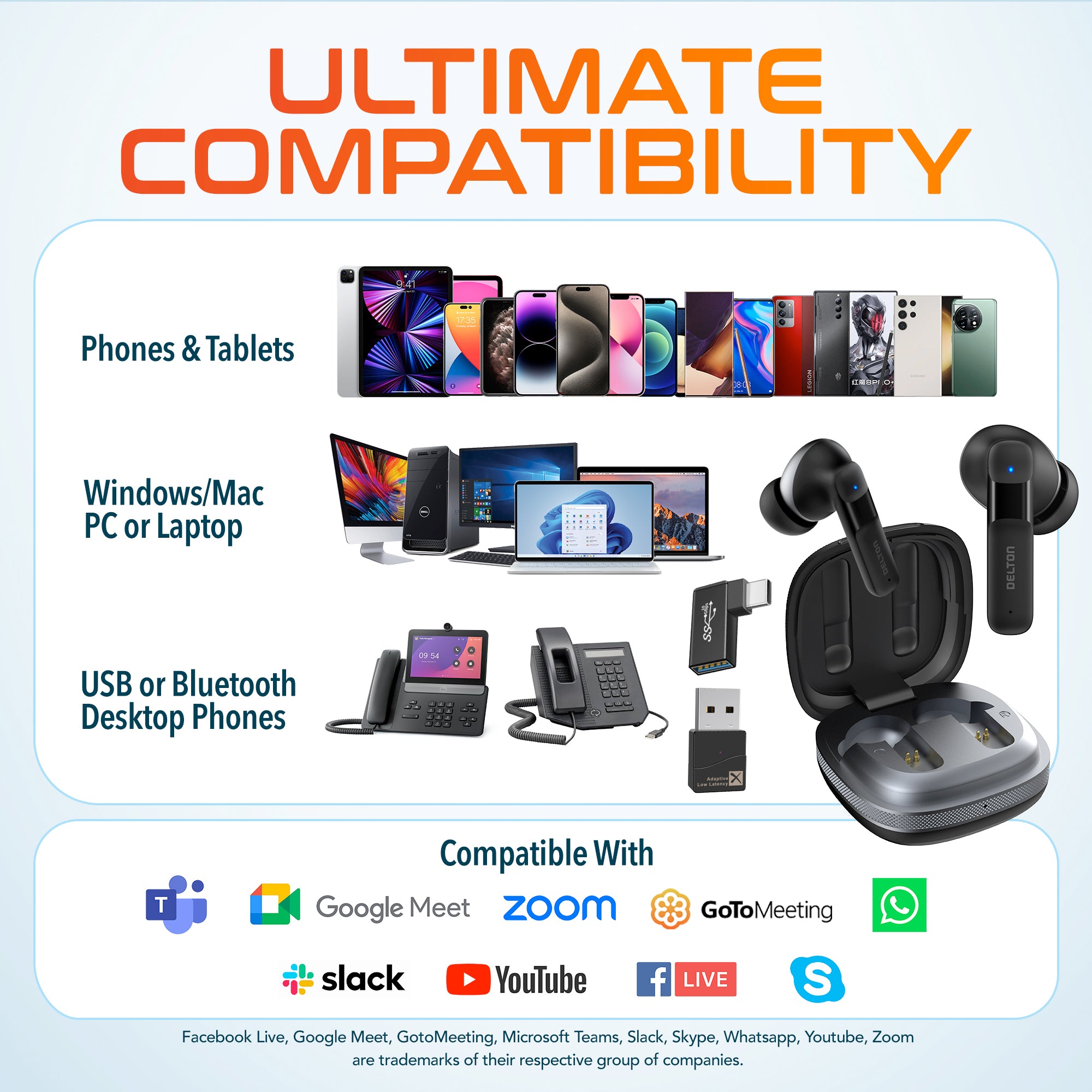 Delton T50 Wireless Noise Canceling Bluetooth Computer Earbuds