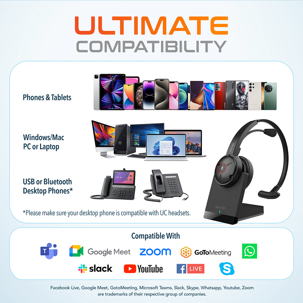 Delton 50X Wireless Noise Canceling Bluetooth Computer On Ear Headset