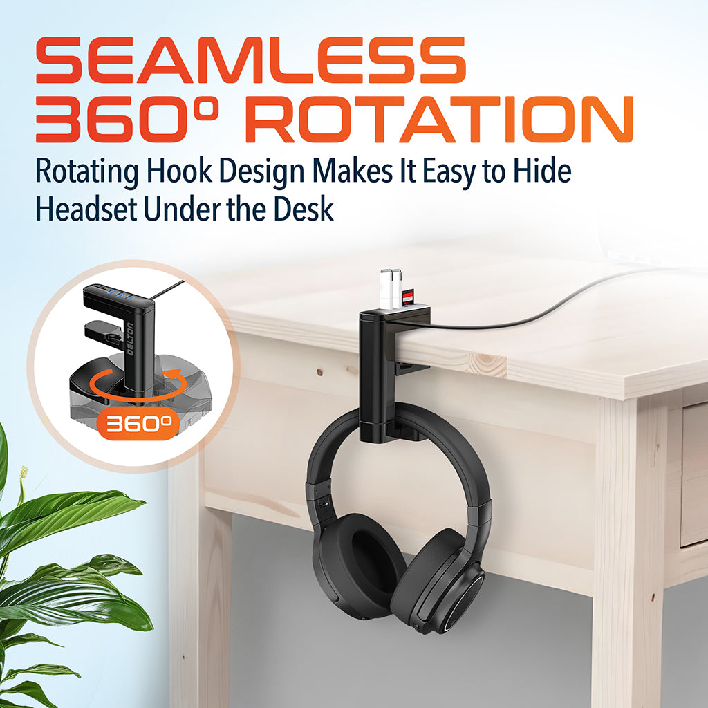 Delton HS7 Headset Stand with Under-Desk Holder and 3 USB-A Ports.