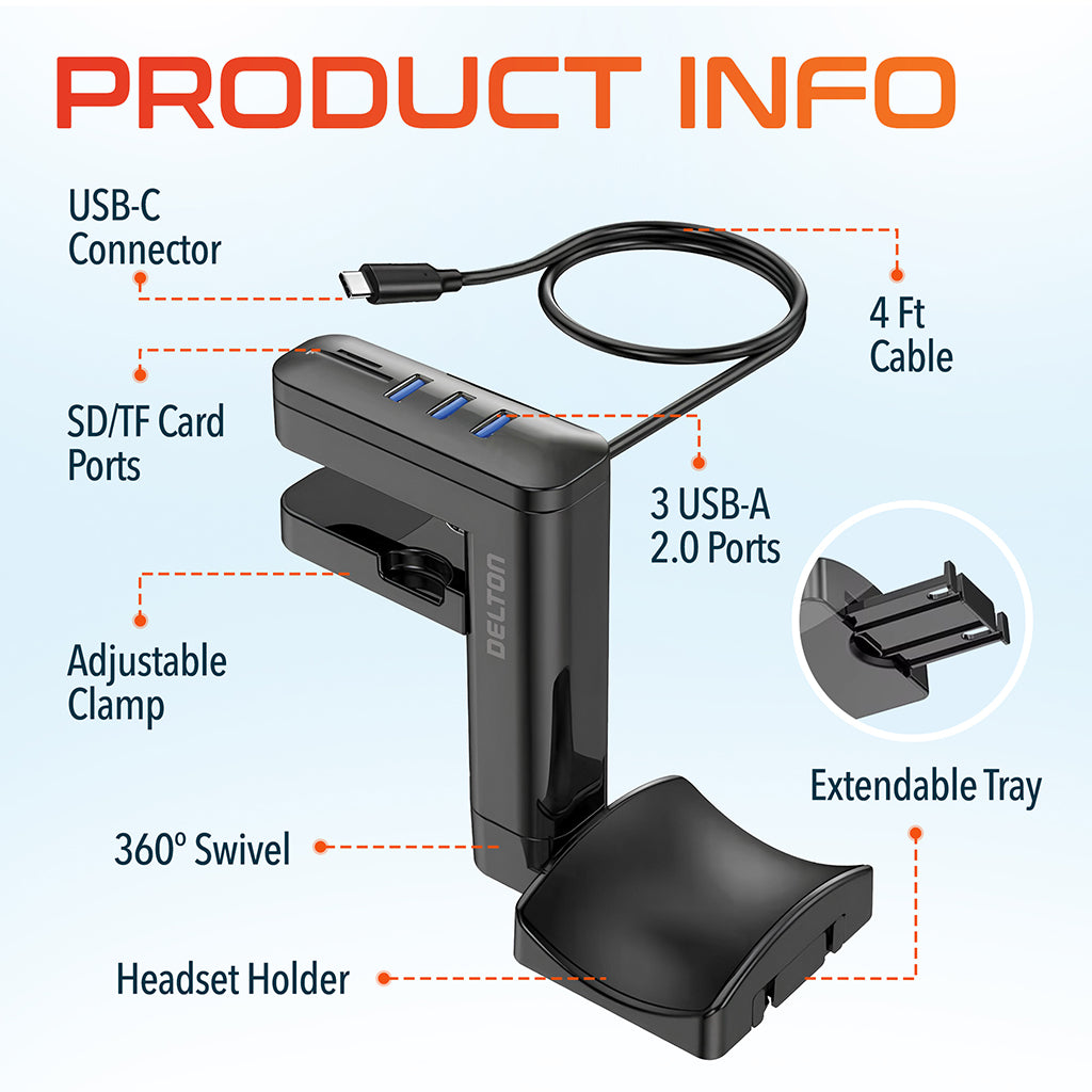 Delton HS7 Headset Stand with Under-Desk Holder and 3 USB-A Ports.