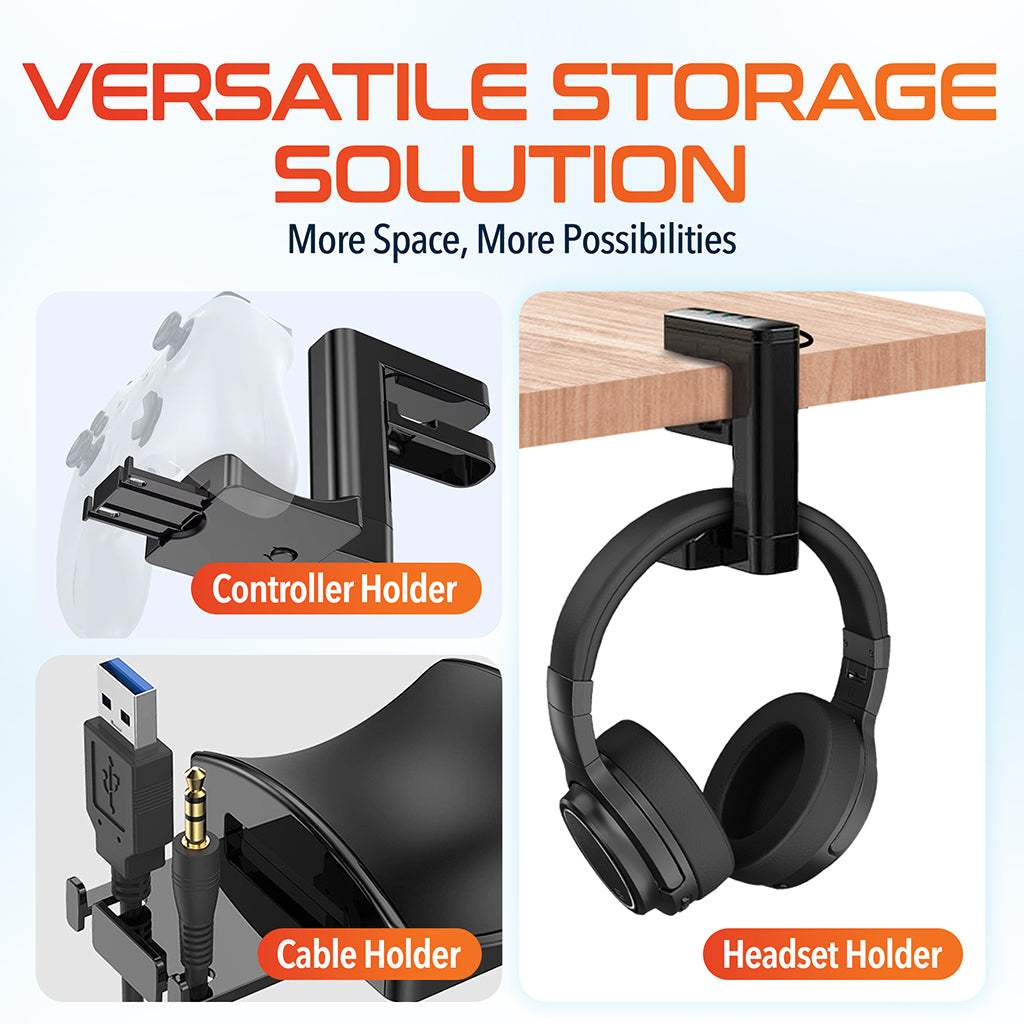 Delton HS7 Headset Stand with Under-Desk Holder and 3 USB-A Ports.
