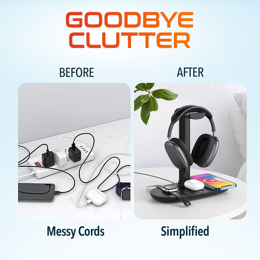 Delton 30X Wireless Stereo Headset, Wireless Charging Station with Headset Stand, Black