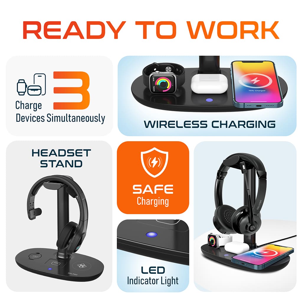 Delton 30X Wireless Stereo Headset, Wireless Charging Station with Headset Stand, Black