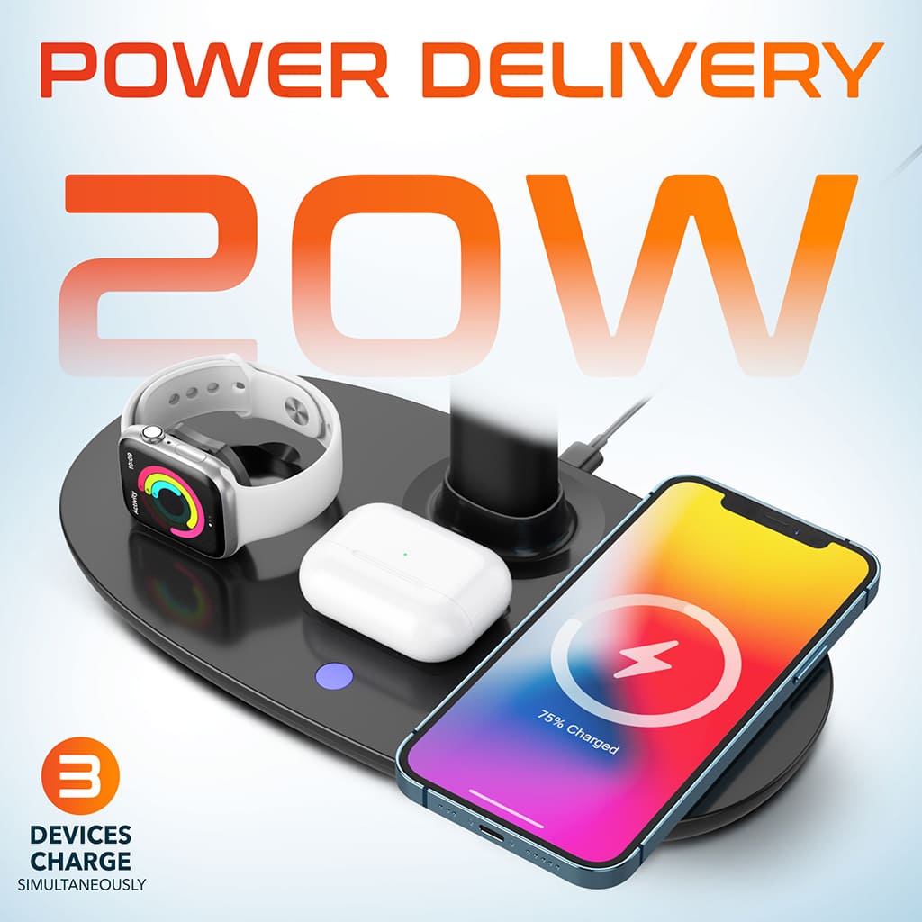 Delton 30X Wireless Stereo Headset, Wireless Charging Station with Headset Stand, Black