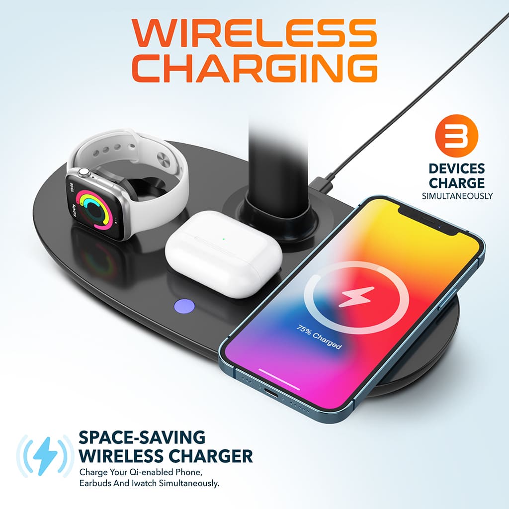 Delton 30X Wireless Stereo Headset, Wireless Charging Station with Headset Stand, Black