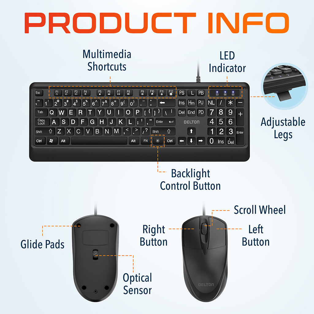 Delton KBM20 Wired Big-Key Backlit Keyboard and Mouse Combo.