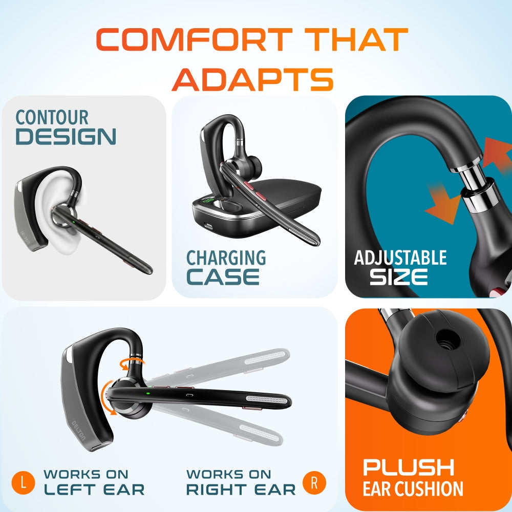 Delton 95X Wireless Noise Canceling MS Team Bluetooth Mono Headset with USB Dongle & Charging Case, Black