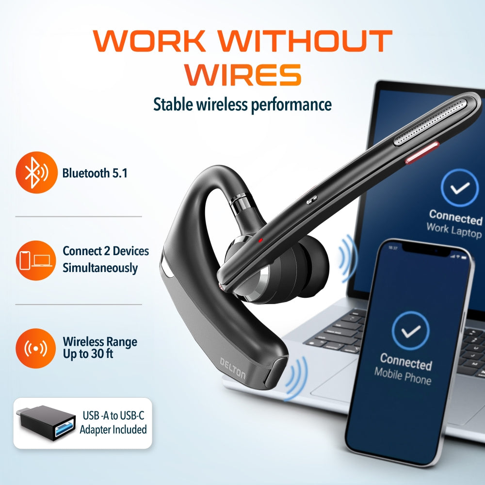 Delton 95X Wireless Noise Canceling MS Team Bluetooth Mono Headset with USB Dongle & Charging Case, Black