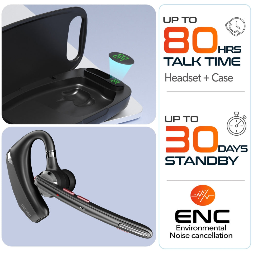 Delton 95X Wireless Noise Canceling MS Team Bluetooth Mono Headset & Charging Case, Black