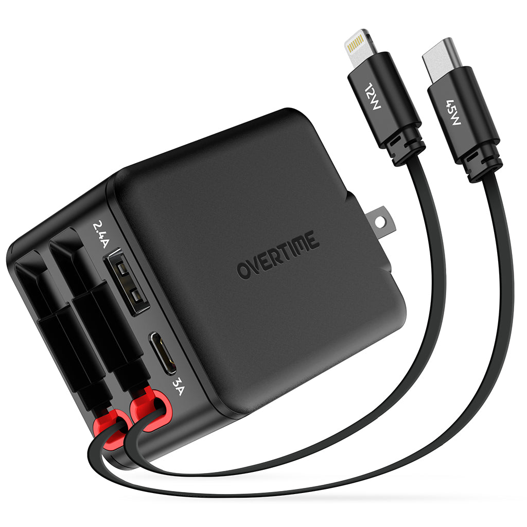 Overtime D36 4-in-1 Retractable 45W Wall Charger with USB-C and Lightning Cables
