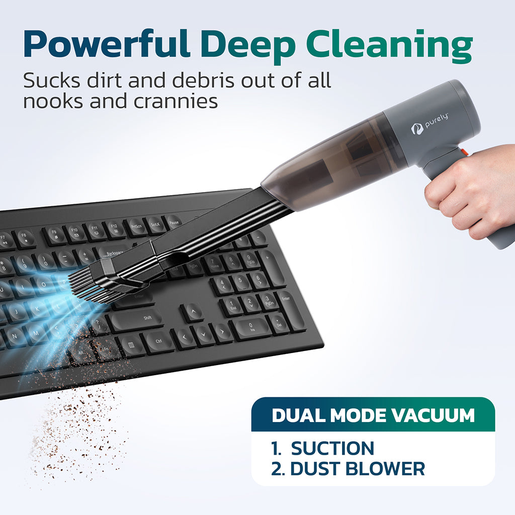 Purely C215, 80W, 120,000 RPM Small Portable Vacuum and Can-less Air Duster with Bag, Gray
