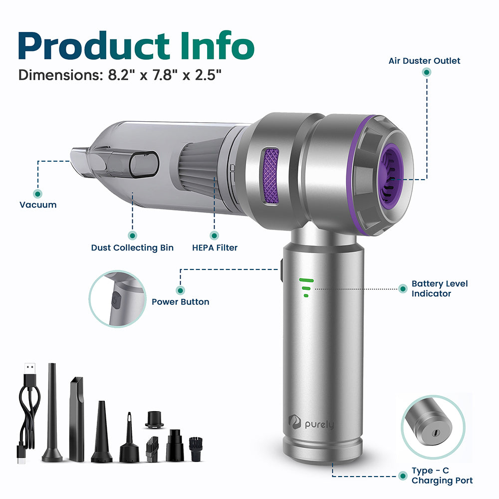 Purely C220, 100W, 90,000 RPM Small Portable Vacuum and Can-less Air Duster with Zipper Case, Silver