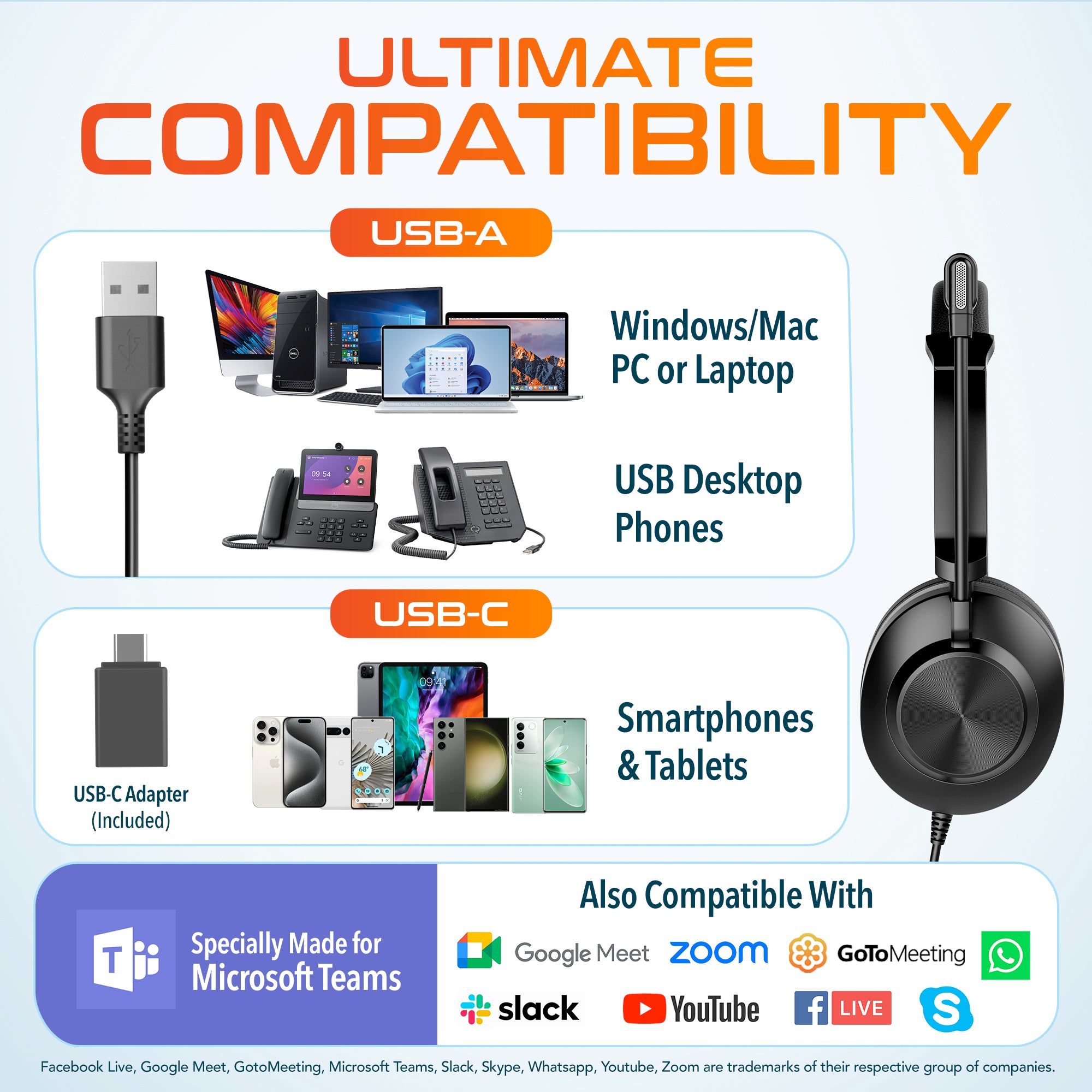Delton 32Y Stereo USB-A Headset + USB-C Adapter