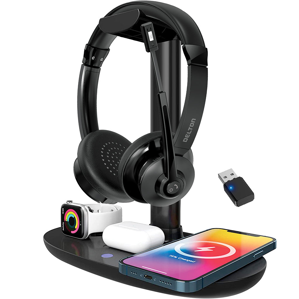 Delton 30X Wireless Stereo Headset, Wireless Charging Station with Headset Stand, Black