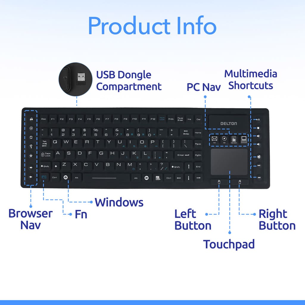 Delton M90 Medical Grade Airtight Waterproof Wireless Backlit Computer Keyboard & Touchpad