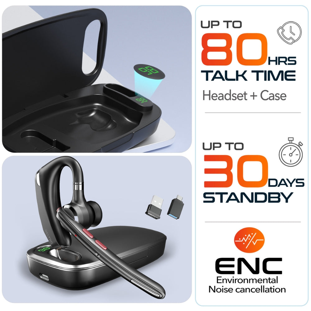 Delton 95X Wireless Noise Canceling MS Team Bluetooth Mono Headset with USB Dongle & Charging Case, Black