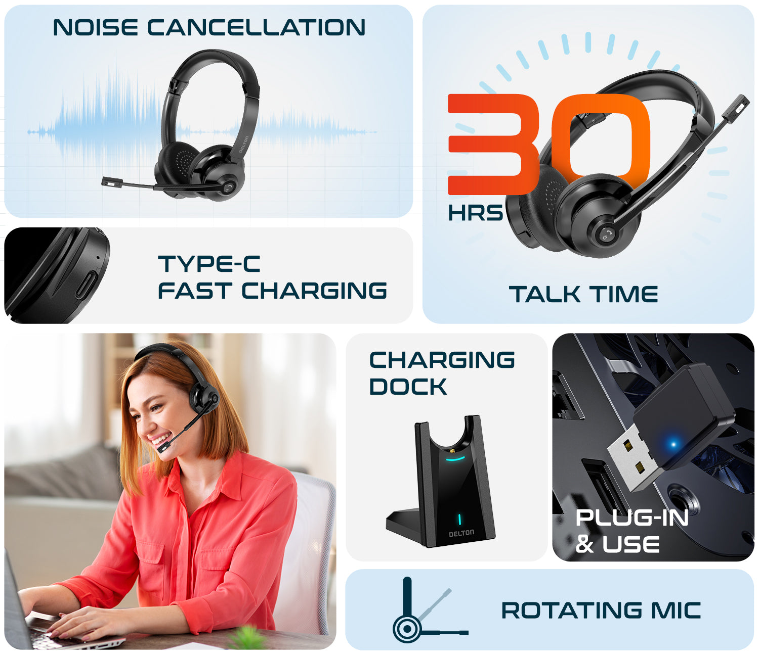 Delton 35X Wireless Noise-Canceling Computer Headset with Charging Dock