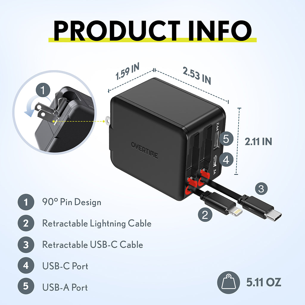 Overtime D36 4-in-1 Retractable 45W Wall Charger with USB-C and Lightning Cables