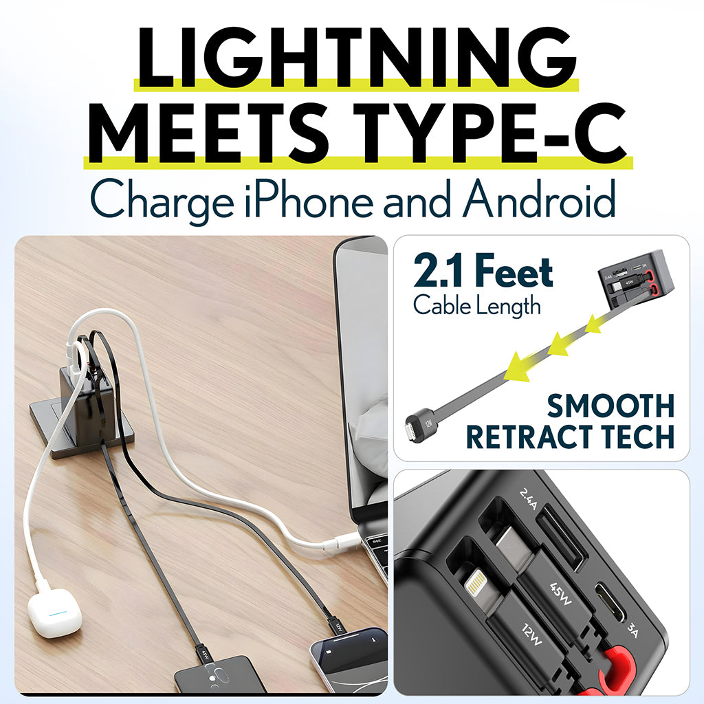Overtime D36 4-in-1 Retractable 45W Wall Charger with USB-C and Lightning Cables