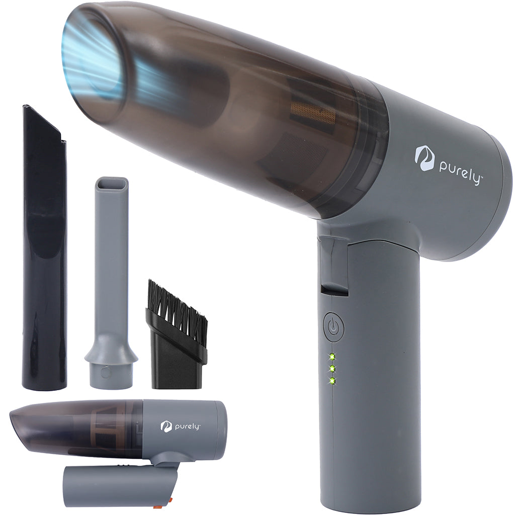 Purely C215, 80W, 120,000 RPM Small Portable Vacuum and Can-less Air Duster with Bag, Gray