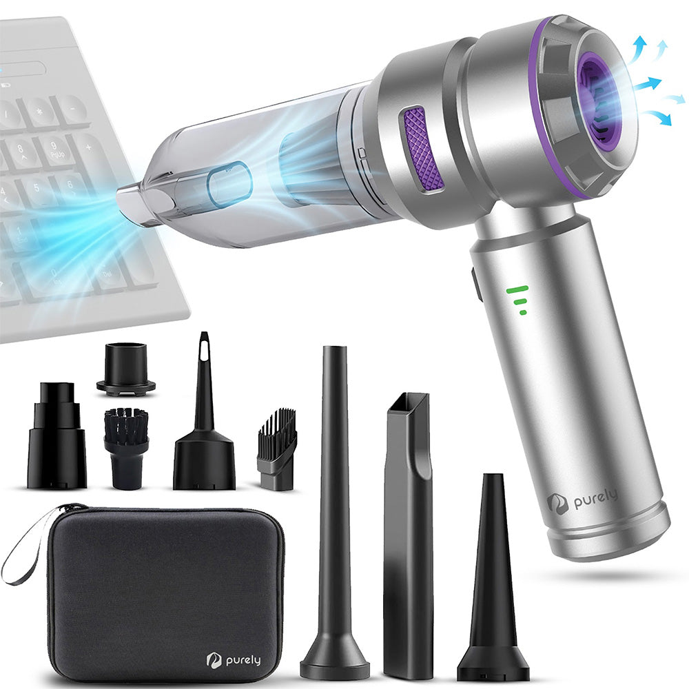 Purely C220, 100W, 90,000 RPM Small Portable Vacuum and Can-less Air Duster with Zipper Case, Silver