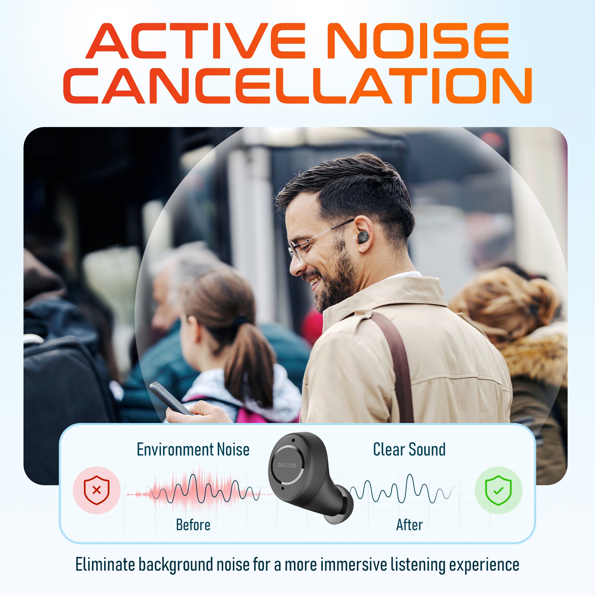Delton T150 Wireless Active Noise-Canceling Bluetooth Stereo Earbuds with Auto-Pair Dongle