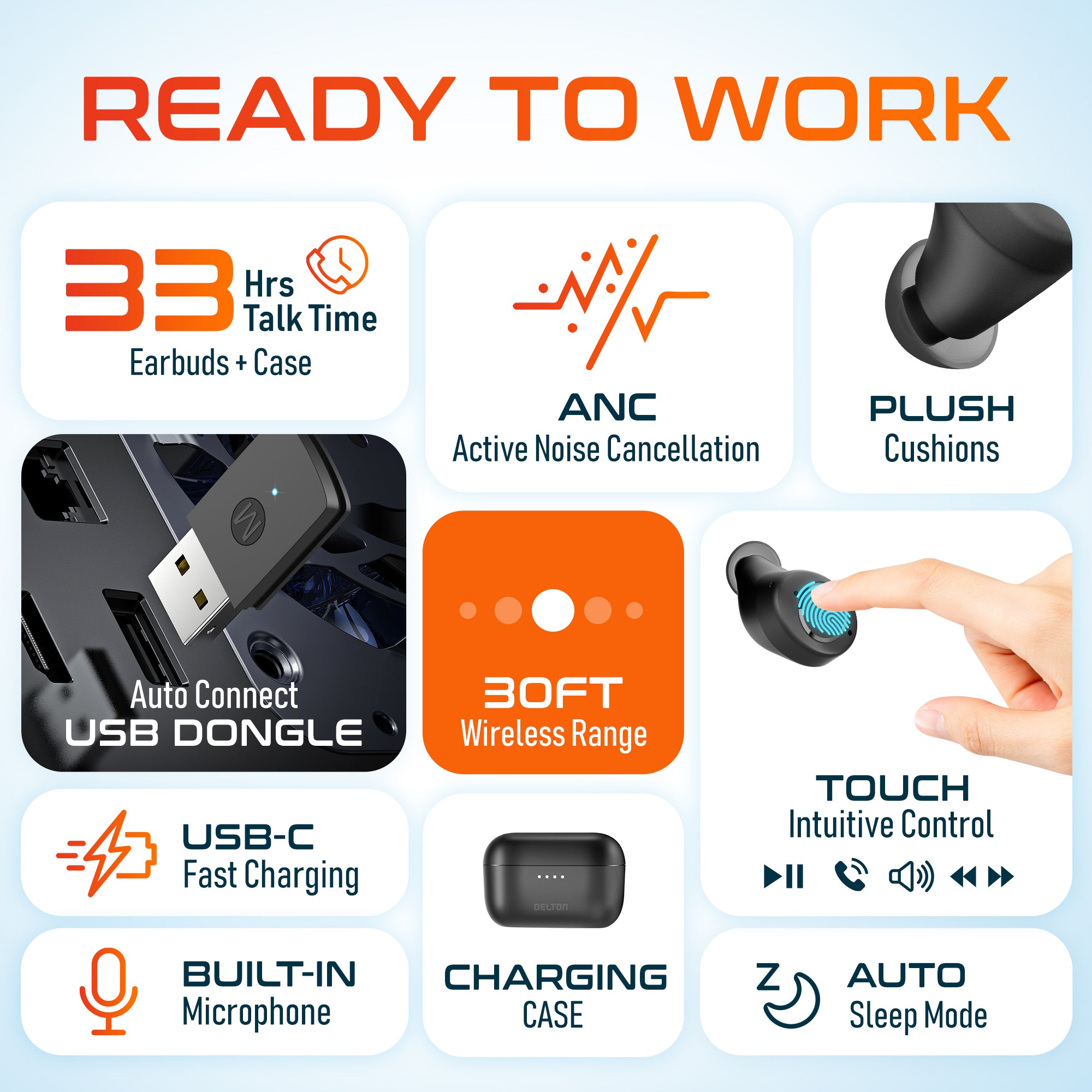 Delton T150 Wireless Active Noise-Canceling Bluetooth Stereo Earbuds with Auto-Pair Dongle